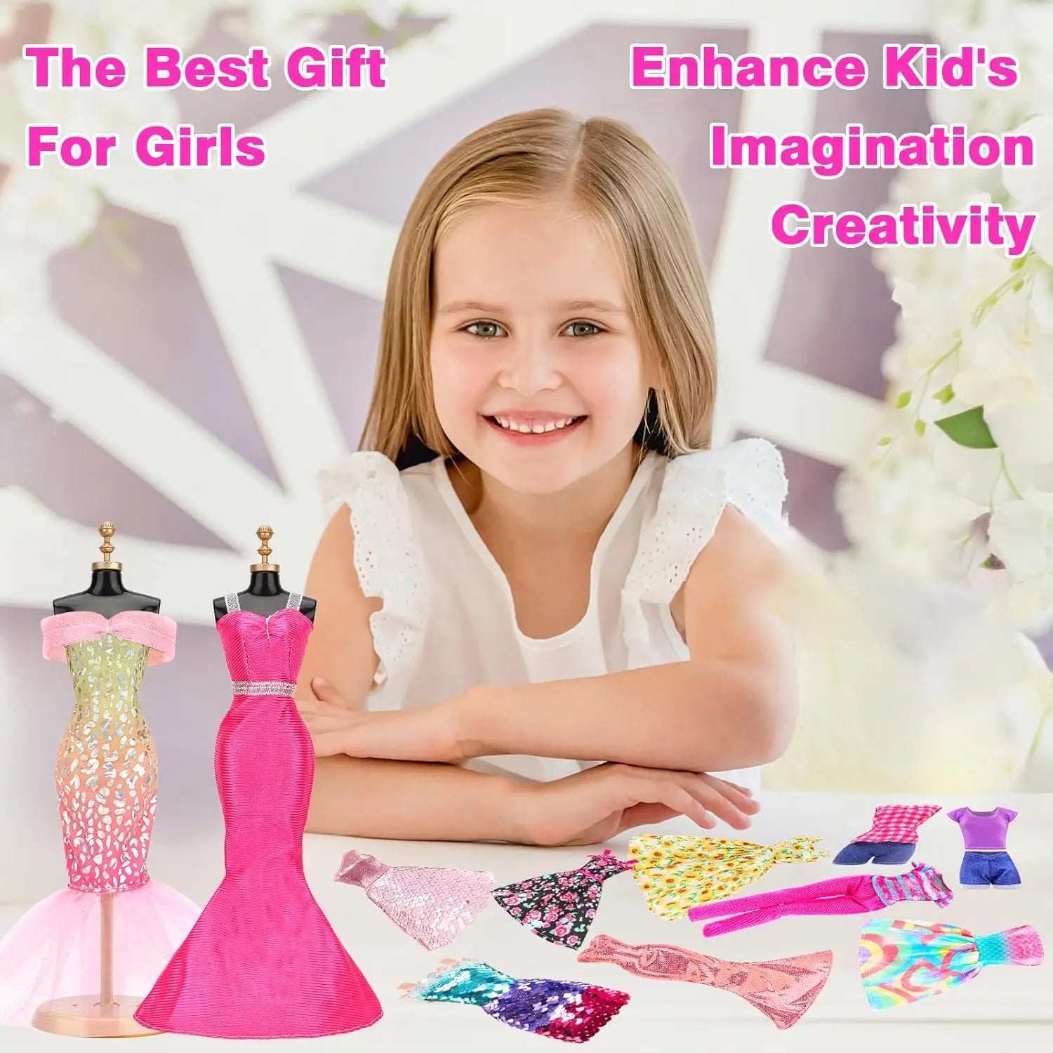 A vibrant pink sequined mermaid-style doll dress displayed on a mannequin from the Doll Clothes and Accessories Set 50 Pcs.