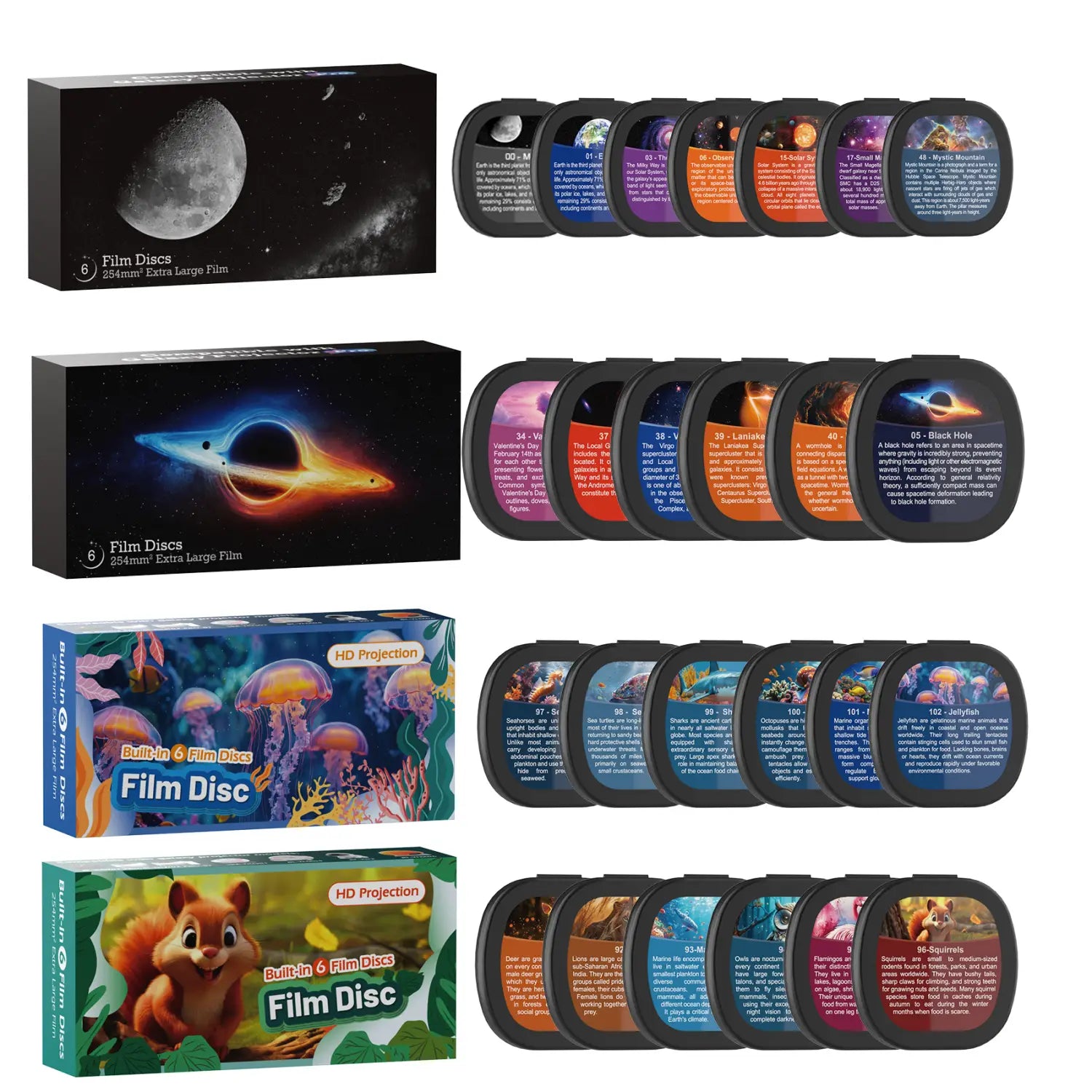 Set of six extra-large film discs with assorted cosmic and nature-themed designs housed in black circular frames with colorful printed labels for use with projector pro 25 in 1 galaxy star night light.