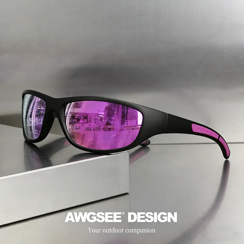 Gafas de sol deportivas polarizadas negro y rosa con UV400 con lentes moradas reflectantes diseñadas para actividades al aire libre.