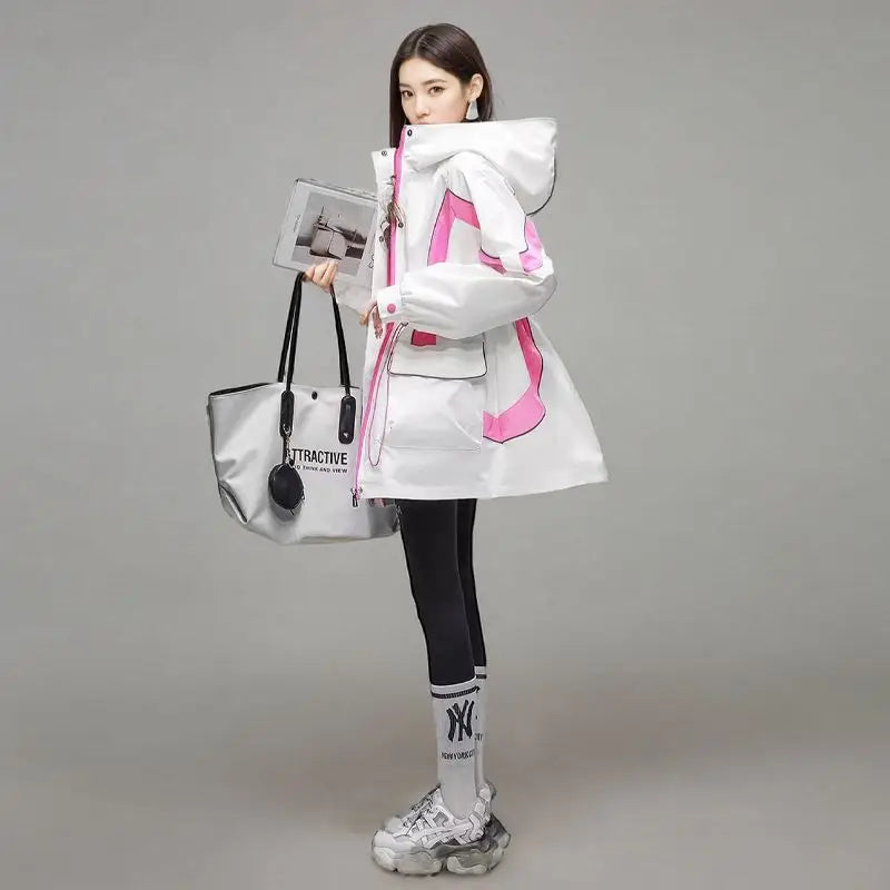 Women's Trench Coat Hooded Jacket Spring Autumn Patchwork Cargo Jacket New Loose Mid-length Drawstring Casual Windbreaker