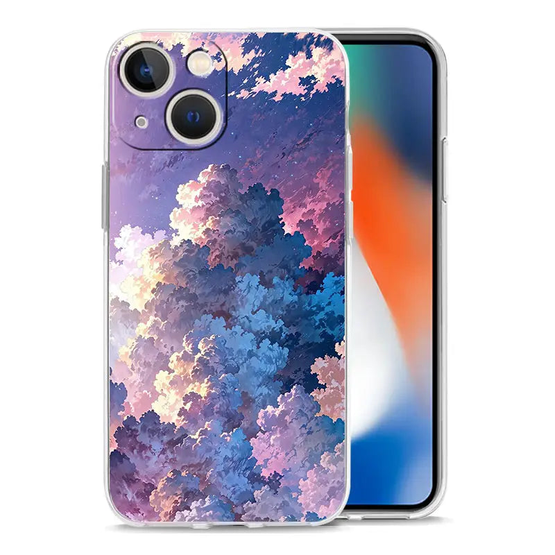 A translucent artistic night sky transparent iPhone case showing the back side with a vibrant illustrated sky featuring fluffy clouds in shades of purple, pink, and blue.