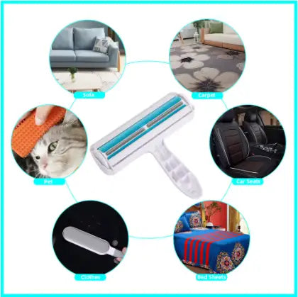 Rodillo removedor de pelo de mascotas de plástico blanco con un rodillo adhesivo azul diseñado para la limpieza de muebles y alfombras.