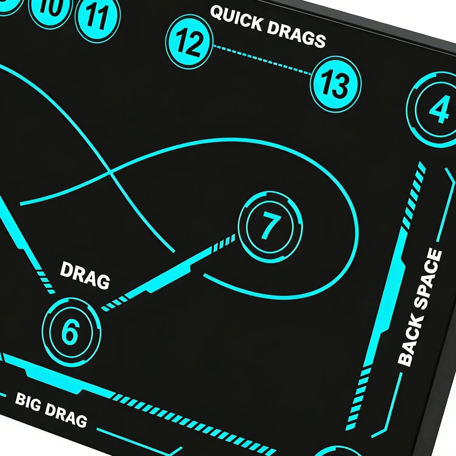A sleek black non slip hockey training mat featuring glowing teal circuit-like graphics and numbered drag zones for stickhandling practice.