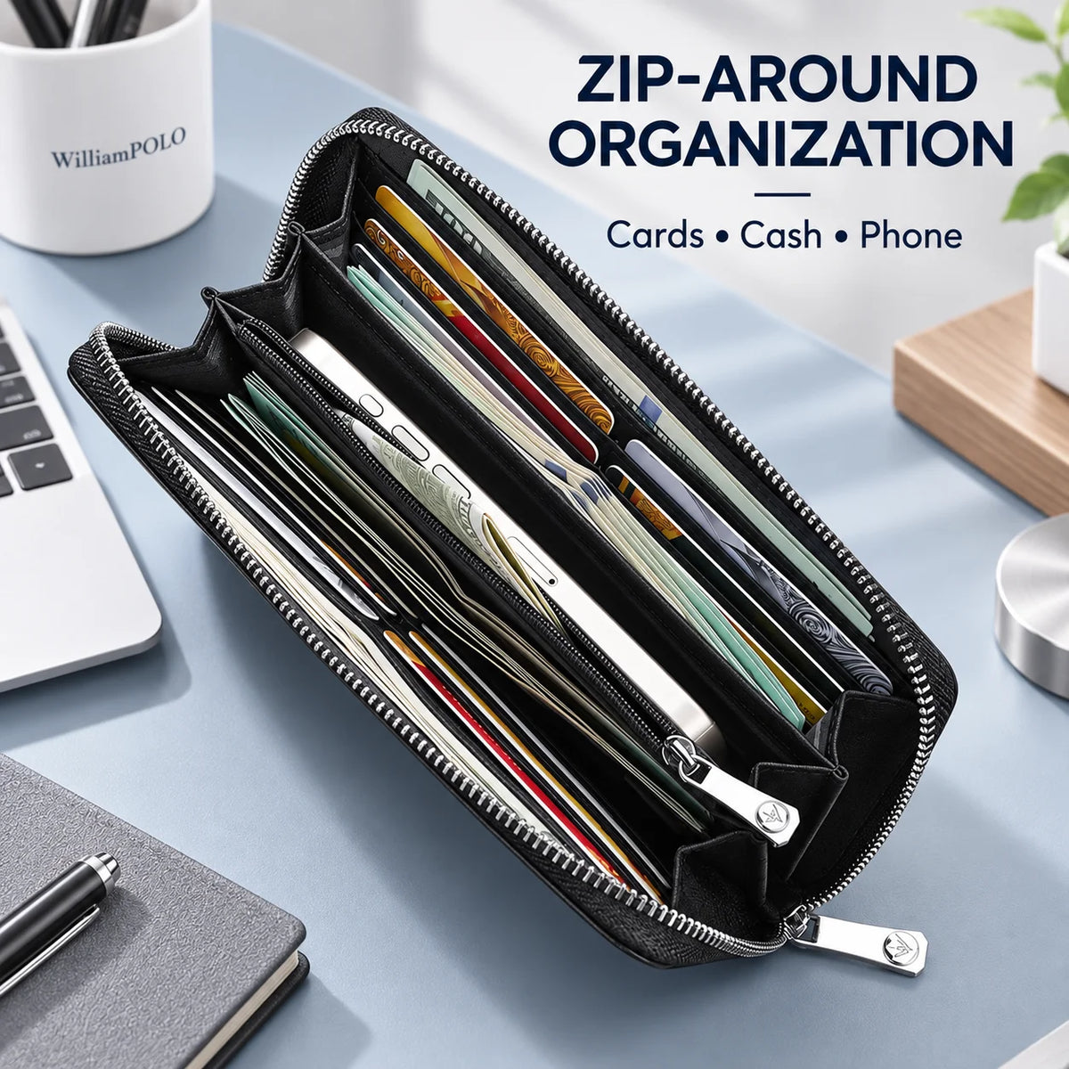 Men’s Leather Clutch Wallet Fashionable Personalized Multi Card Holder Multifunctional Handbag Zipper Purse