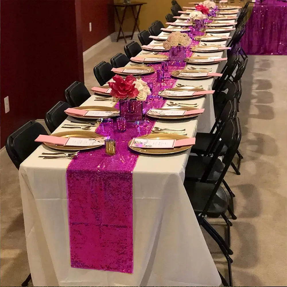 a vibrant fuchsia sequin table runner 12x72 inch with a shimmering textured surface perfect for party decor