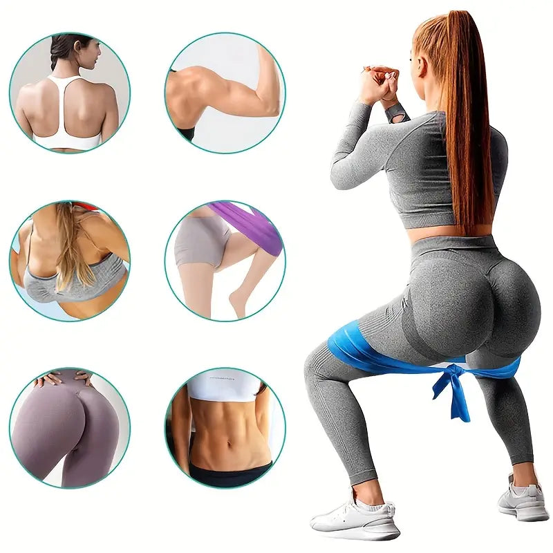 A blue resistance workout band worn around a woman’s hips for home fitness training showing the back side of the band.