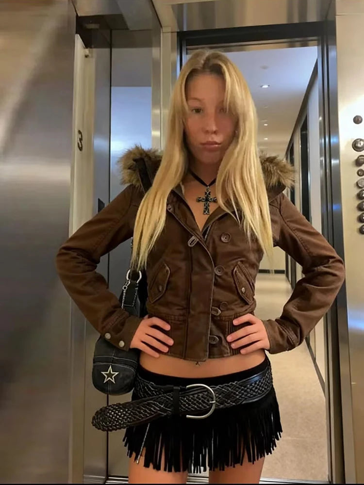 Winter Warm Fur Collar Short Jacket Women 2000s Y2K Fleece Padded Parkas Single Breasted Hood Coats High Street Female Outwears