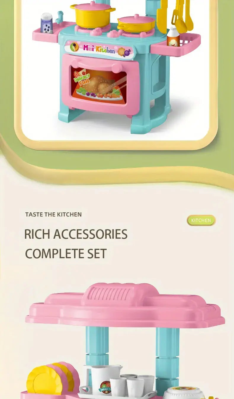 Kleines Küchen-Spielset für Rollenspiel-Kochspielzeuge mit pinkfarbenem und türkisfarbenem Kunststoffdesign, gelben Töpfen, Utensilien und einem Ofenfenster, das Spielzeugkost anzeigt.