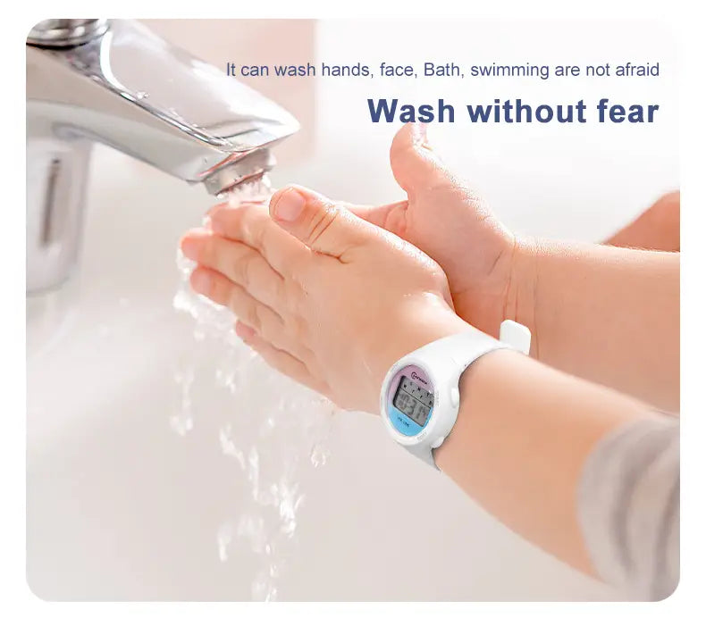 White kids waterproof digital sports watch with a light blue silicone strap and face designed for active use.