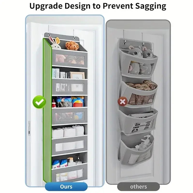 Green and gray hanging storage organizer with large capacity pockets and clear plastic inserts suitable for hanging bags and door use.