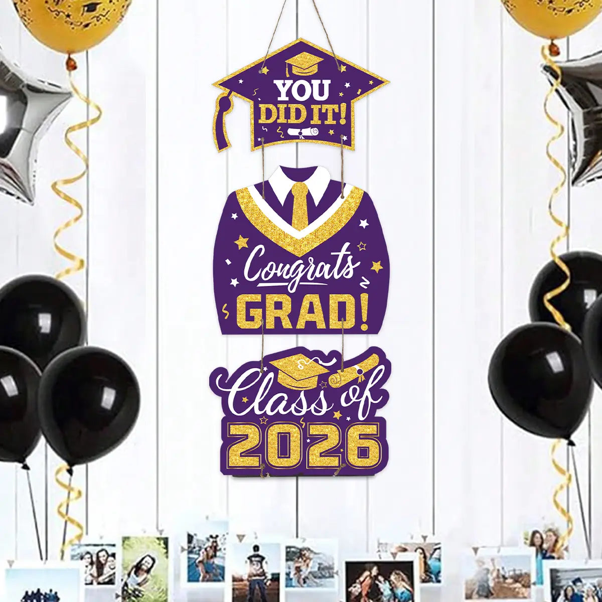 Class of 2026 graduation door hanging decor featuring purple and gold glittery text reading you did it congrats grad and class of 2026.
