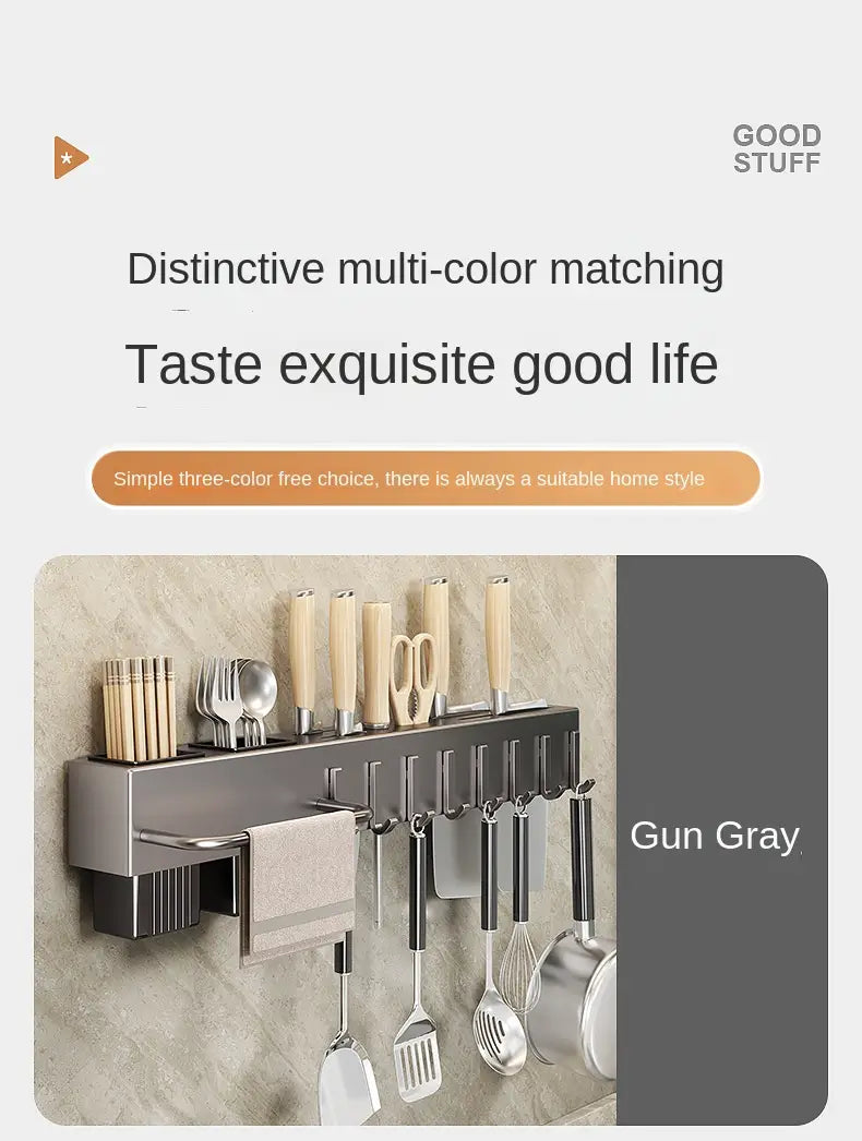 Gun gray metal wall mounted kitchen utensil holder and knife rack featuring wooden handles and hanging hooks for organized kitchen storage.