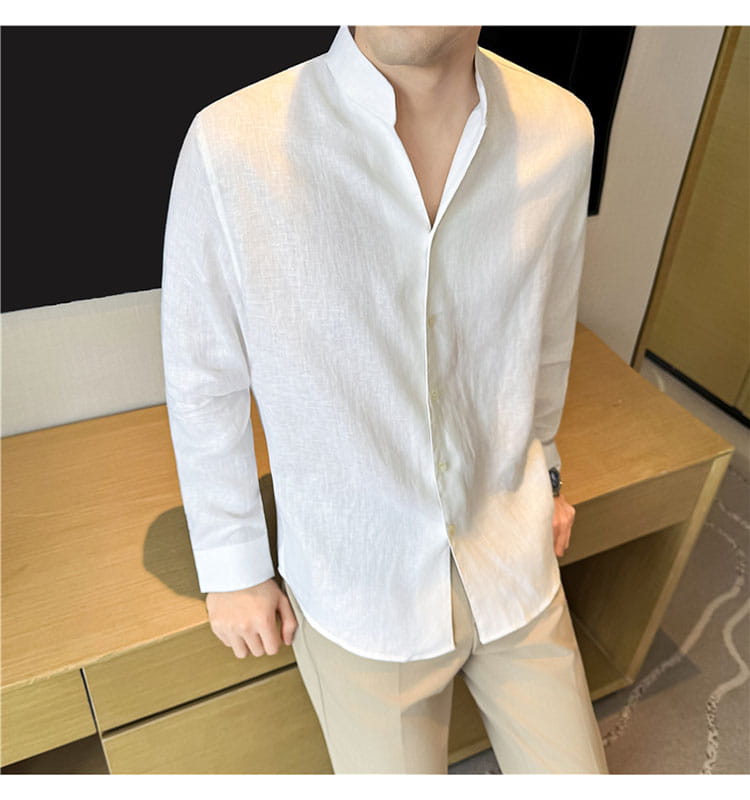 men’s white linen shirt with a mandarin collar and button-down front suitable for casual or formal wear