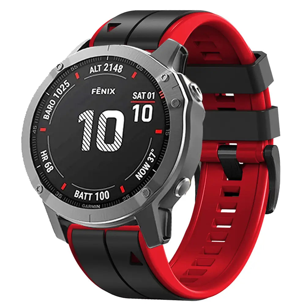 Rotes und schwarzes Silikonarmband, kompatibel mit Garmin Fenix und Garmin Forerunner, mit einer Garmin Fenix-Uhranzeige in silberfarbenem Ton, die digitale Messwerte anzeigt.