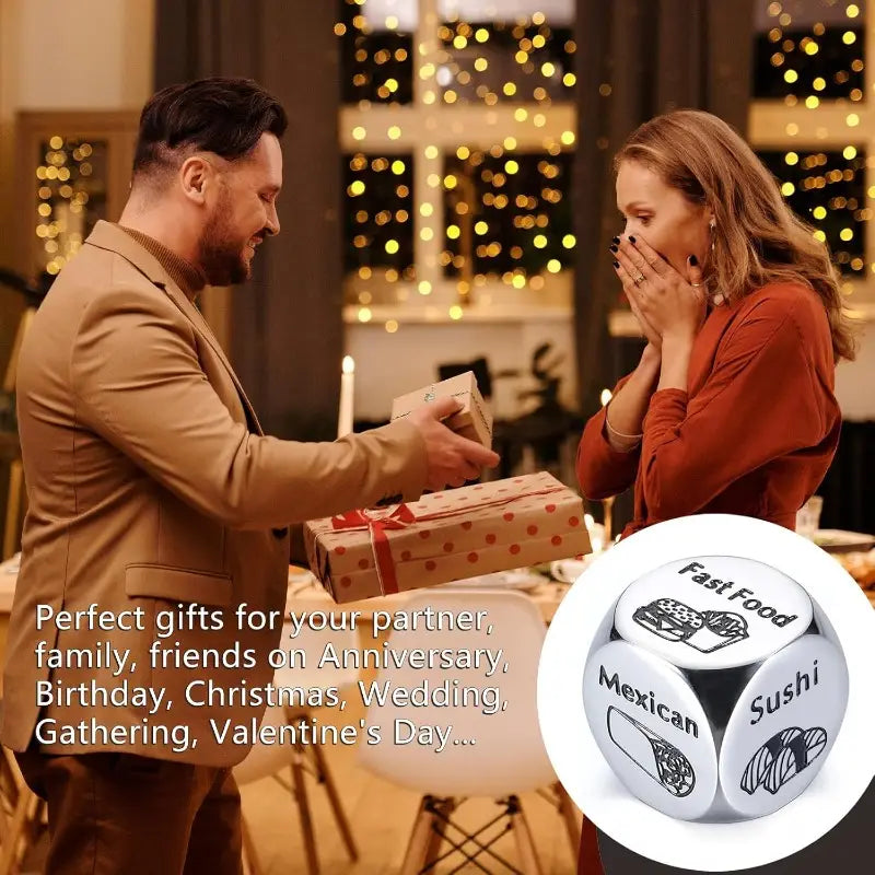 Stainless steel food decision dice for couples date night featuring silver dice with black food-themed illustrations labeled fast food mexican and sushi.