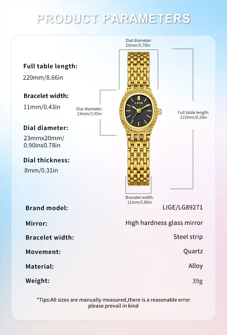 Lige women gold quartz watch featuring a gold-tone alloy case with a black dial, silver-toned hands and hour markers, and an elegant mesh bracelet.