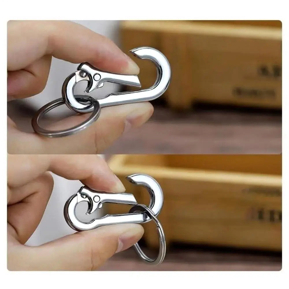 Shiny silver zinc alloy car keychain carabiner ring with spring-loaded gate for anti-lost use.