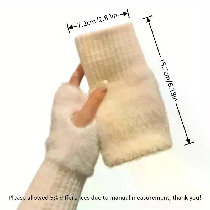 1Pair Warm And Cold-proof Half-finger Gloves For Women In Autumn And Winter, Versatile And Plush, Cute Office Half-finger Gloves