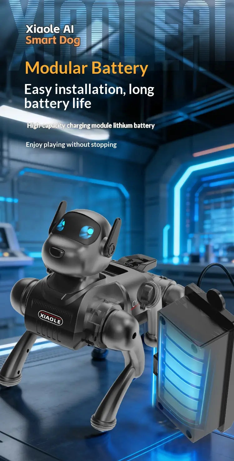 Black and silver ai smart robot dog with glowing blue eyes and a modular lithium battery pack on its side, an interactive electronic pet.