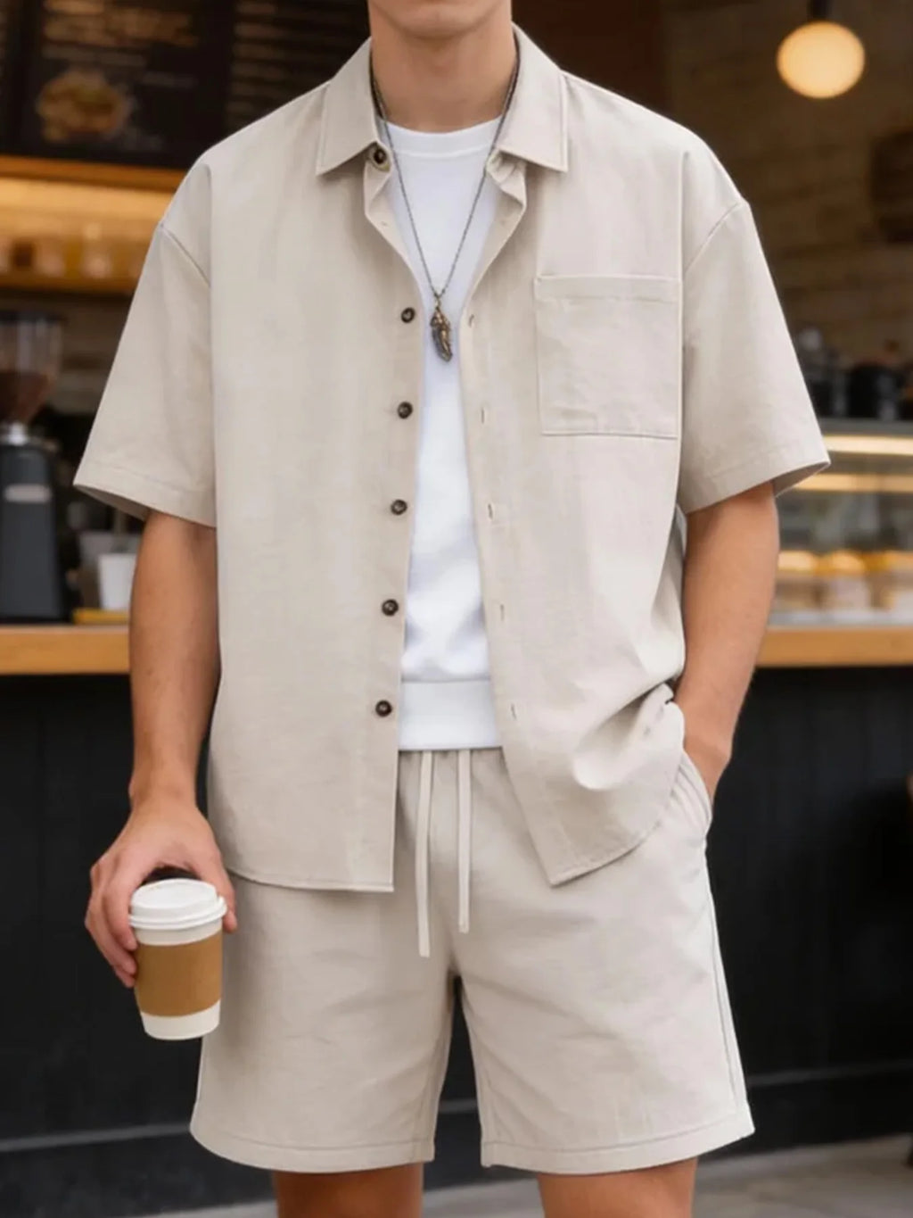 Men's Cotton-Feel Short-Sleeved Shirt + Five-Quarter Shorts Two-Piece Set, Summer Casual Loose-Fitting Workwear Style Complete Set of Men's Clothing