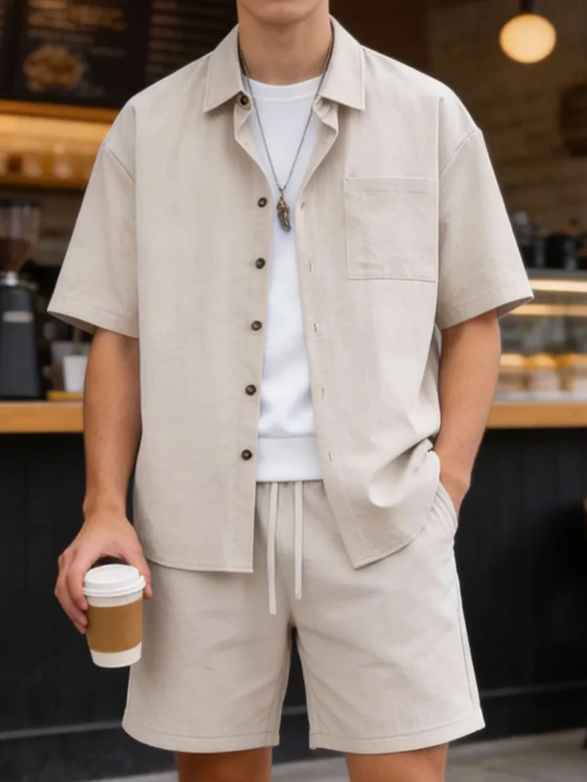 Men's Cotton-Feel Short-Sleeved Shirt + Five-Quarter Shorts Two-Piece Set, Summer Casual Loose-Fitting Workwear Style Complete Set of Men's Clothing