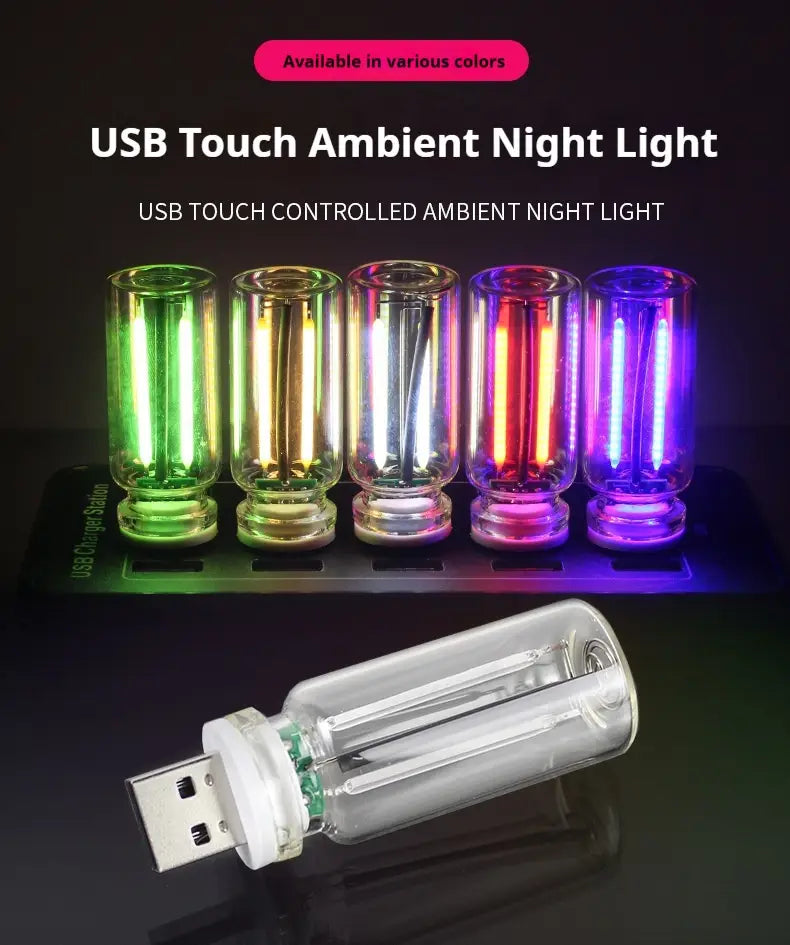 Clear glass usb night light with touch control and colorful led lighting designed as an atmosphere light with a sleek cylindrical shape.
