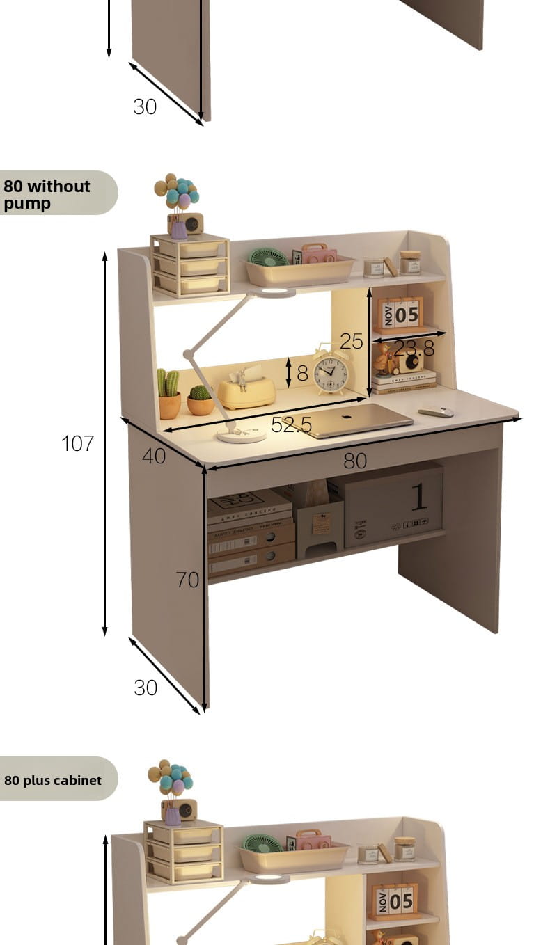 Beige wooden modern student computer desk with integrated bookshelf, drawers, and built-in lamp.