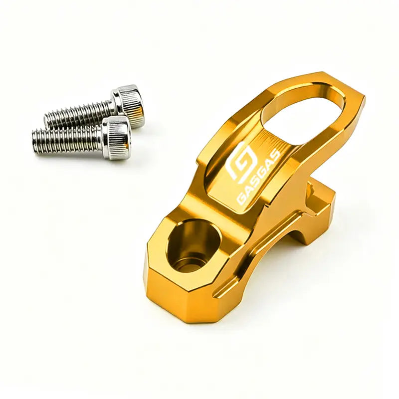 Ein goldfarbenes Aluminium-Gasgas-Lenker-Helmhalter-Universal-CNC-Haken mit schlankem, kantigem Design und eingraviertem Logo an der Seite, von der Rückseite abgebildet.