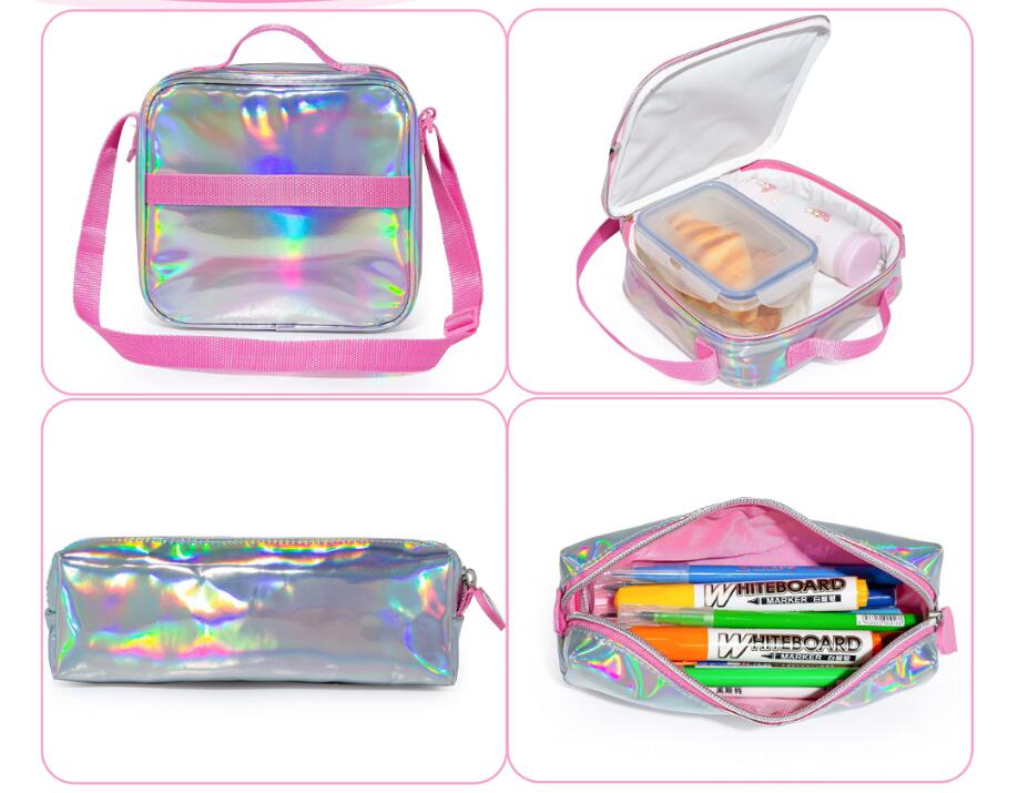Lunch-Tasche in Pink und holografisch schimmernd für Mädchen mit verstellbarem Gurt aus dem Schulrucksack-Set für die Schule entworfen