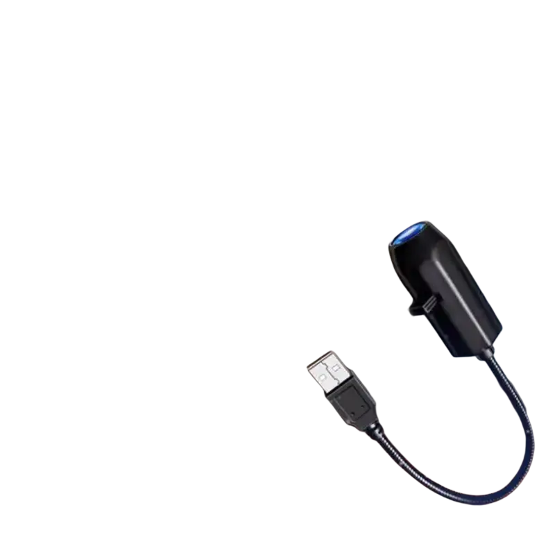 schwarzes usb-autoladegerät mit blau beleuchtetem spitzenteil und flexiblem kabel zur verwendung mit usb-erdprojektionlampe und deckenmond-nachtlicht
