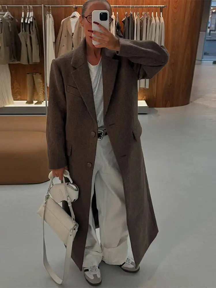 Women Elegant Shoulder Pad Wool Blend Overcoat Brown Lapel Single-Breasted Long Sleeve Coat 2025 Autumn Lady Commuter Outerwear