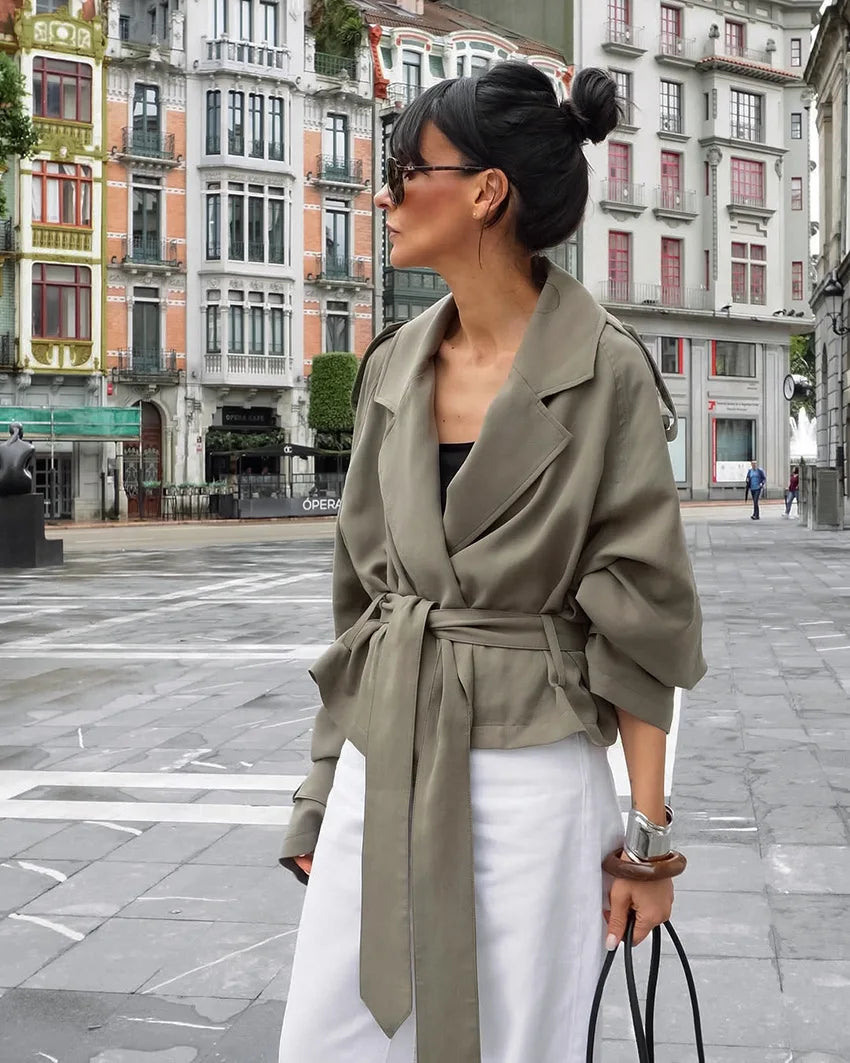 Women's Cropped Trench Coat Lapel Belted Waist Jacket, Loose Fit Drop Shoulder Short Trench