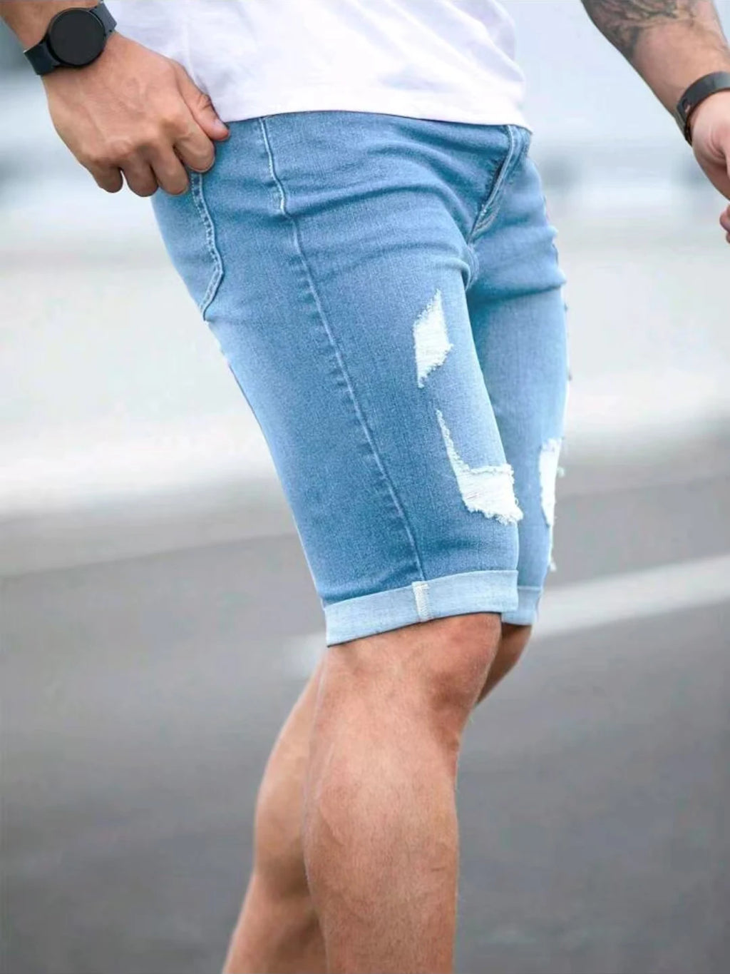 Black Ripped Denim Shorts Men's Summer New Fashion Skinny Elastic Washed Knee Length Jeans Casual Slim Hip-hop Pants Streetwear