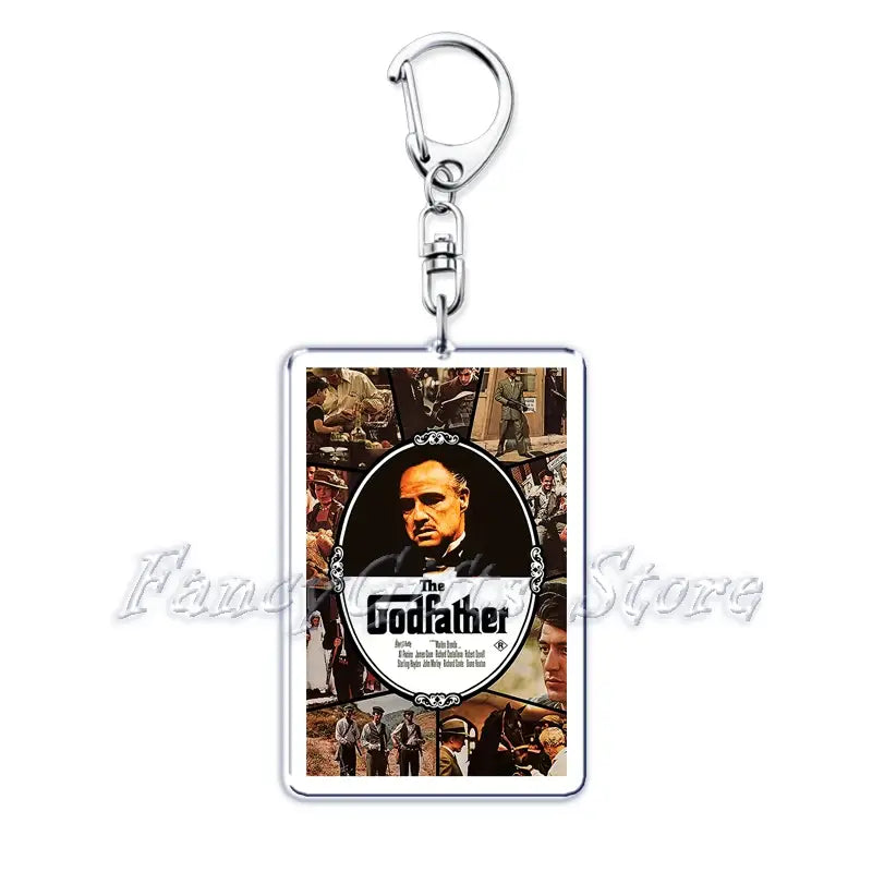 rectangular acrylic keychain featuring a printed black-and-white movie poster image of the godfather with iconic portrait and title design from the movie poster acrylic keychain set.