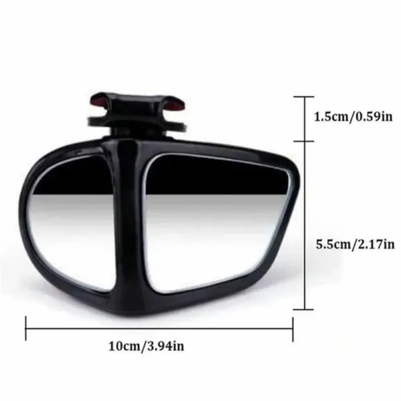 Black plastic car blind spot mirror with two reflective lenses and a clip-on mount showing the back side designed for 360 rotation adjustable use.
