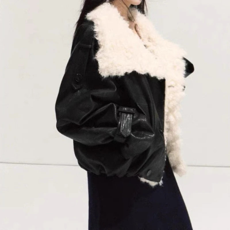 Women Faux Leather Labm Fur Lined Coats Solid Jacket Turn Down Collar Long Sleeves Single Breasted Loose Streetwear 2026 Autumn