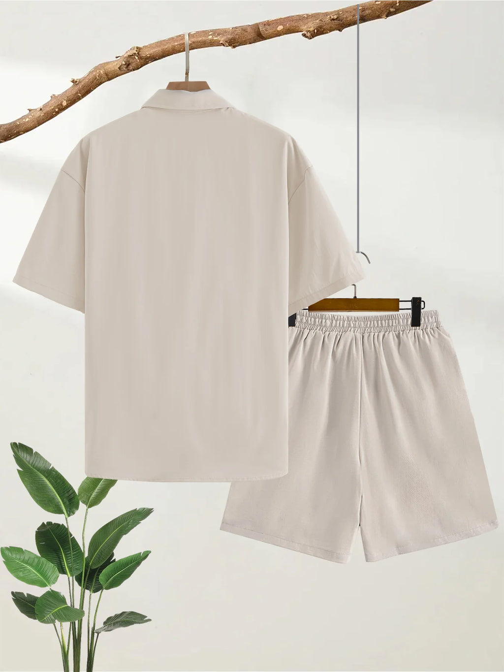 Men's Cotton-Feel Short-Sleeved Shirt + Five-Quarter Shorts Two-Piece Set, Summer Casual Loose-Fitting Workwear Style Complete Set of Men's Clothing