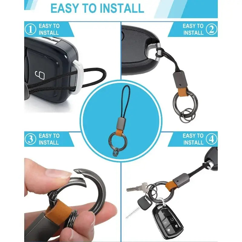 Black and tan braided leather car keychain featuring an adjustable strap metal ring and carabiner clip for universal key holding.