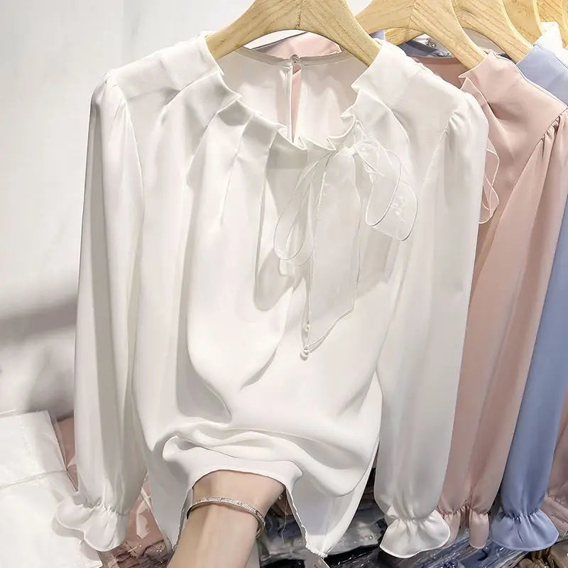 Women Stylish Ruffled Bow Lace Up Chiffon Blouses Office Lady Elegant Chic Commute Shirts Korean O Neck Long Sleeve Loose Tops