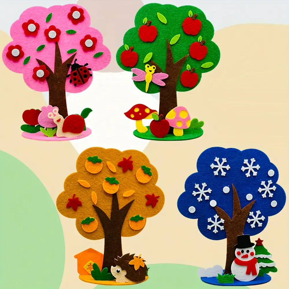 conjunto de cuatro coloridas decoraciones murales estacionales de árbol de fieltro procedentes de un kit de manualidades estacionales de árbol de fieltro tipo diy, con detalles bordados y adorables figuras de animales o festivas.