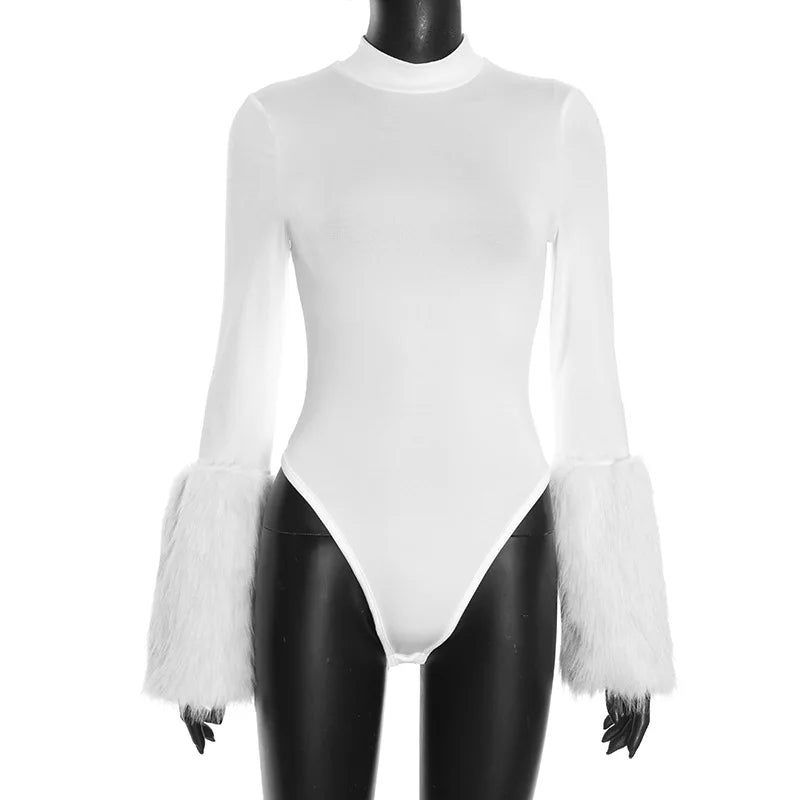 Winter Sexy Outfits for Woman 2 Piece Set Long Sleeve Fur Patchwork Bodysuit and Shorts Sets Female Matching Streetwear 2025 New