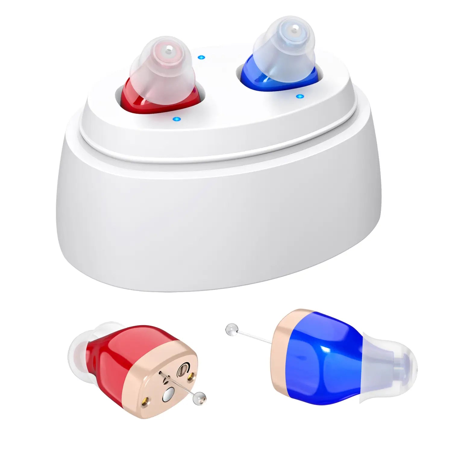 Boîtier de charge blanc contenant des amplificateurs d’aides auditives intra-auriculaires rechargeables rouge et bleu, conçus pour améliorer l’assistance à l’audition.