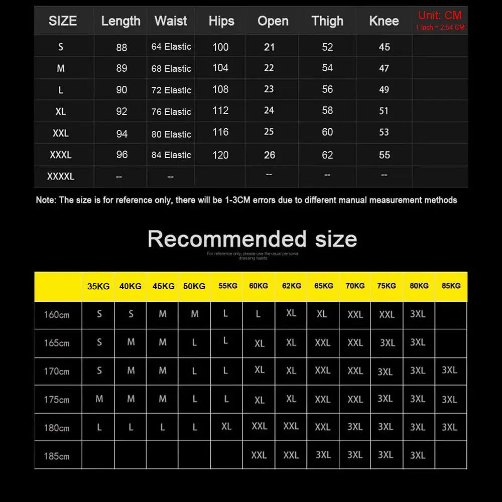 Tableau des tailles pour les pantalons cargo joggers streetwear pour hommes, avec taille élastique, indiquant les mesures en centimètres, de la taille S à XXXL.