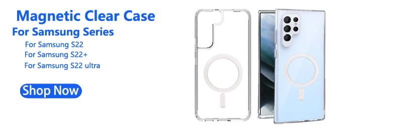 円形のワイヤレス充電パッドのデザインを備えたクリア磁気電話ケース。マグネット式カーワイヤレス充電器の一部として、背面から見たサムスンS22シリーズ対応モデルで示しています。ワイヤレスモバイル端末に対応し、iPhoneと互換性があります。