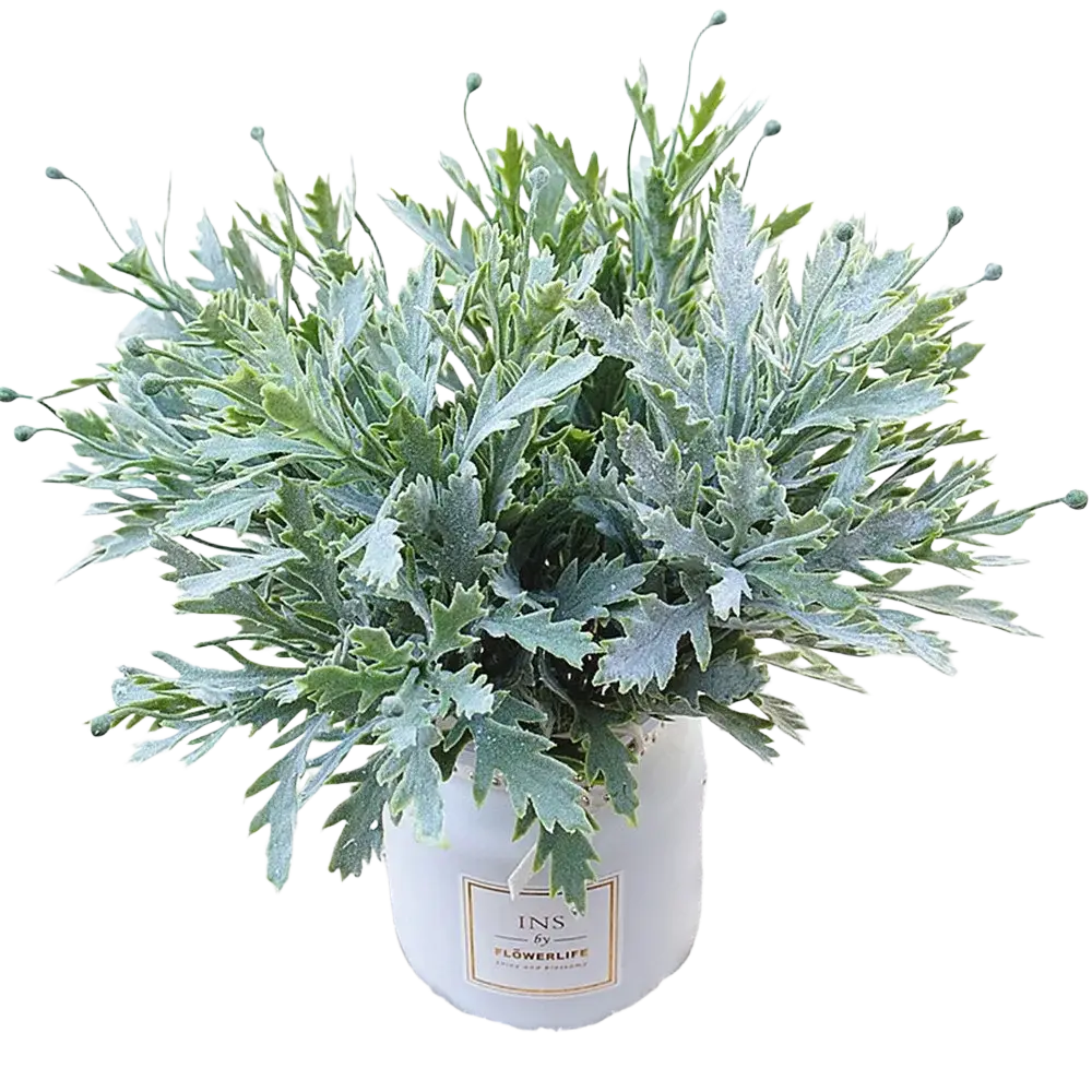 A lush frosty green chrysanthemum leaf artificial plant arrangement in a white cylindrical pot for send flowers decor
