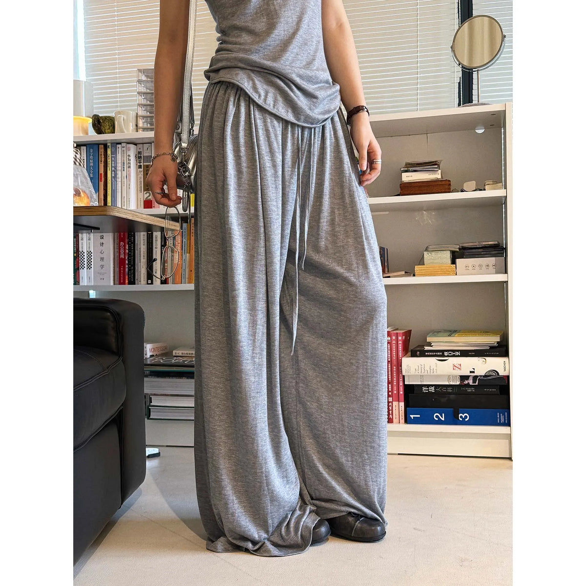 2026 Wool Blending Material Women Casual High Waist Lace-Up Waist Long Pants Fashion Wide Leg Pants Women Clothes Trousers