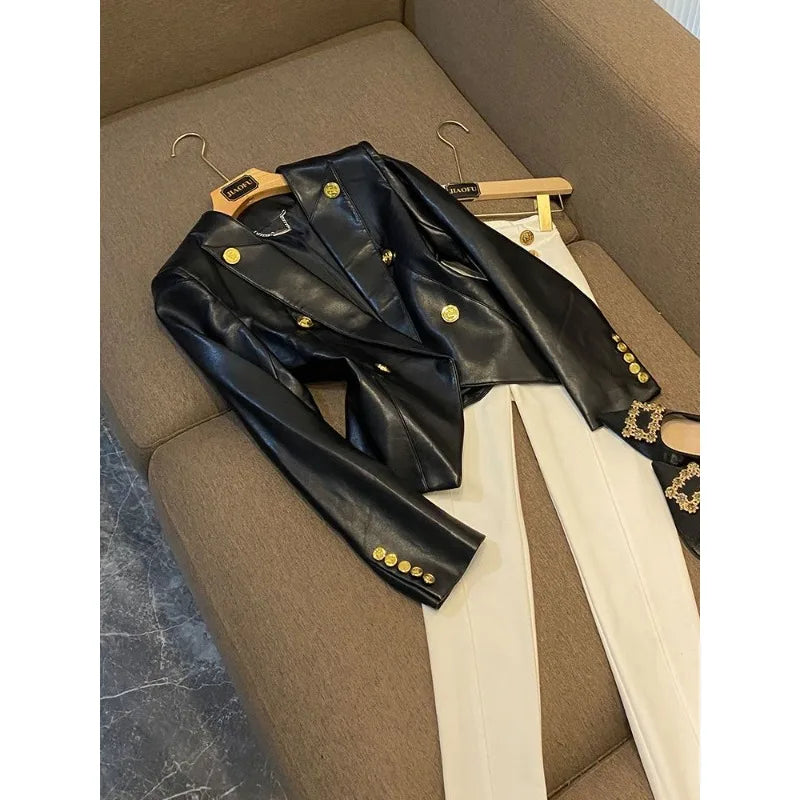 trendy Women's Clothing Faux Leather Coat Black Metal Double-breasted Slim No-wash Leather Suit Top Jacket Coat Women Jackets