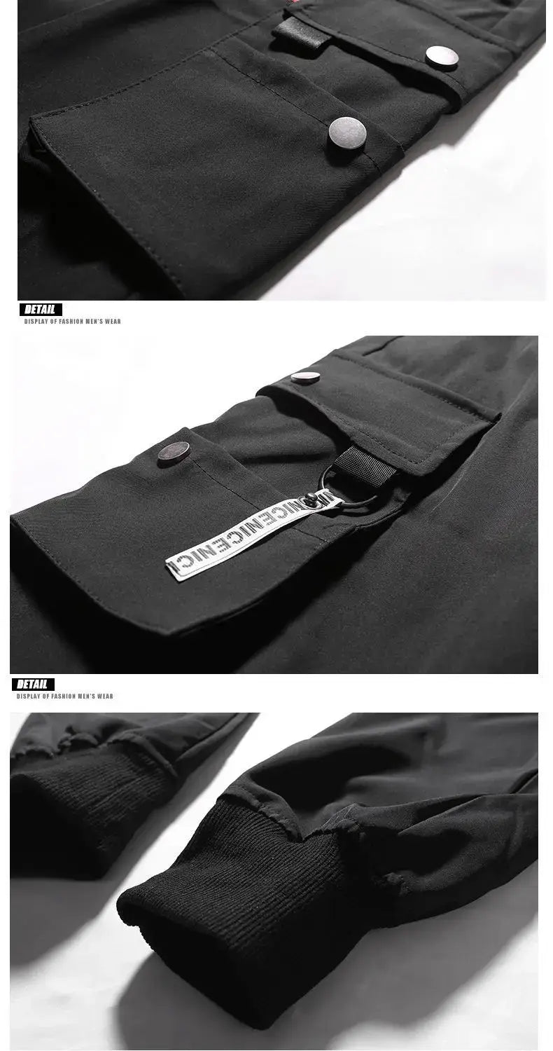 Men tactical cargo pants black with multiple pockets button closures and branded patch on the thigh designed for casual joggers.
