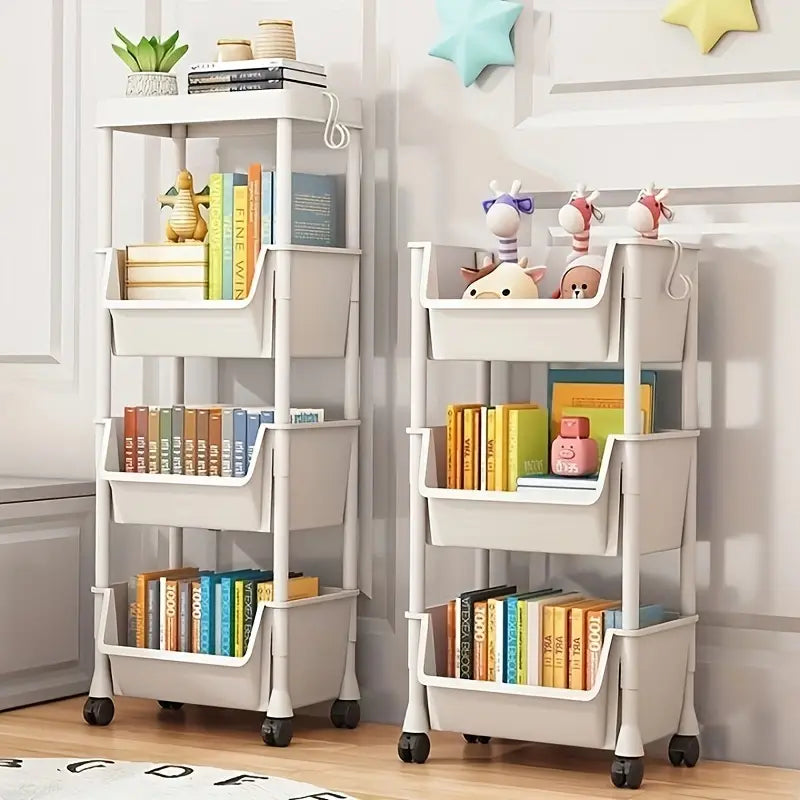 White plastic rolling storage cart with four tiers and black caster wheels for easy mobility