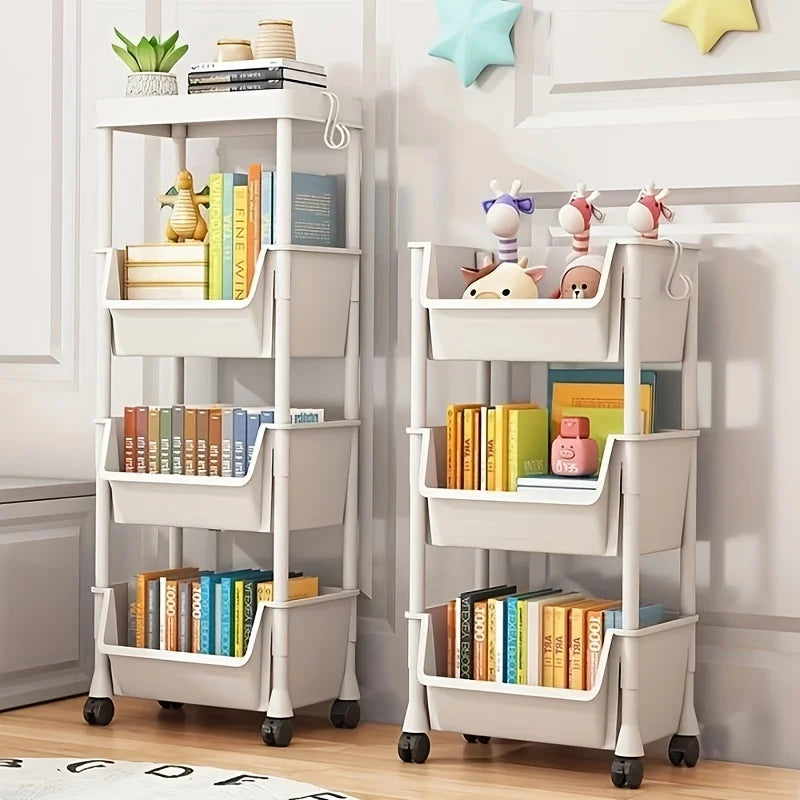 5-Tier Storage Rack - Kids Toy Organizer, Kitchen Snack Rack, Movable Shelf with Side Hooks for Home Organization & Storage